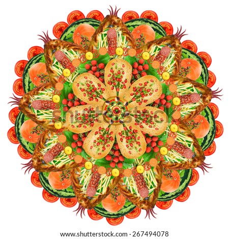 Sacred mandala of fat men and gluttons made from foods  ingredients - fruits, vegetables, sausage and  pastries. Abstract pizza form handmade isolated collage
