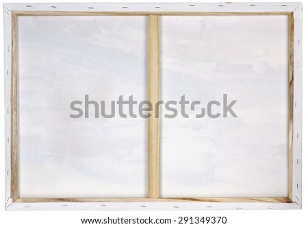 Wooden  art frame for oil white canvas made of pine planks. Back side view. Isolated with patch