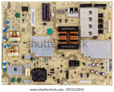 VILNIUS, LITHUANIA - AUGUST 05, 2015: Modern printed-circuit board of the powerful power supply for Sharp  brand TVs and displays. In 2014 more than 8 mililon of units of Sharp TV were sold
