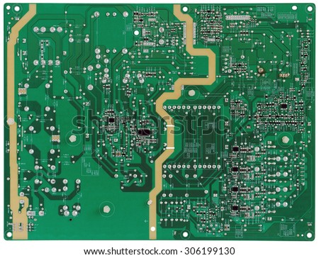 Electronics high voltage concept. Printed circuit board of the power supply of mass production equipment. No sensitive information. Only standard position of resistors condensers and diodes. Isolated