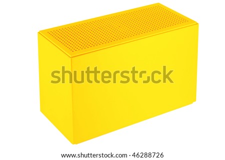 Yellow plastic box case with ventilating holes in on the upper panel. Isolated on white.