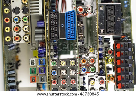 Broken printed-circuit boards  from DVD electronic systems with varios audio and video connectors