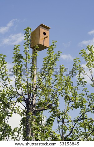 Small house for birds - a starling house fixed on an apple-tree.