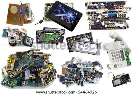 Various broken electronics  parts set   prepared for processing. Isolated on white. Mass production.