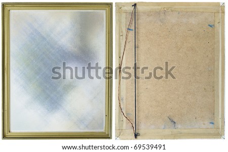 Old dirty yellow frame for a picture, the front and back view. Isolated on white with picture patch