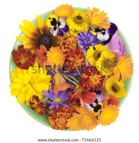 Green plate with yellow and  orange garden flowers mix isolated
