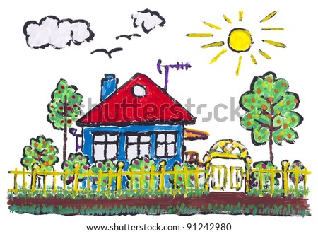 Ideal isolated sweet dream sunny  painted village home landscape- children drawing