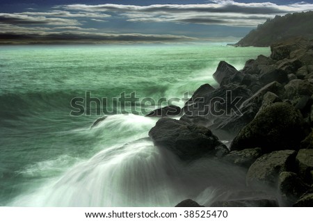 Mystical sea landscape, in cloudy storm weather