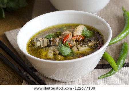 Green Thai chicken and mushroom soup with chillies and basil