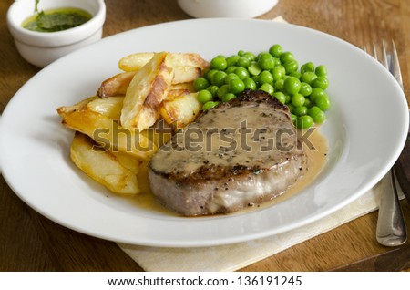 Steak, chips and quick pepper sauce