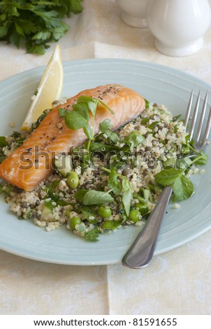 Grilled salmon with lentil and edamame shaker salad
