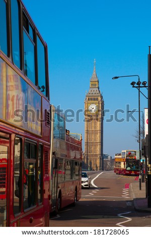 LONDON -  MARCH 9. London buses crossing Westminster Bridge in the United Kingdom March 9, 2014 in London, England.