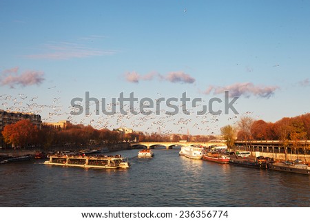 Evening on Seine river in Paris, France.