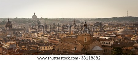 Panoramic cityscape view of central Rome in the sunset seen from Il Vittoriano.