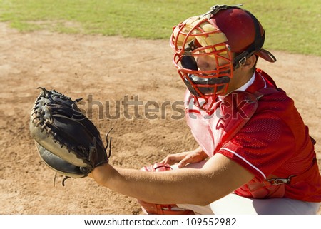 Baseball catcher ready to catch ball thrown by the pitcher