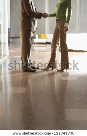 Low section of two business people shaking hands while standing at the office lobby