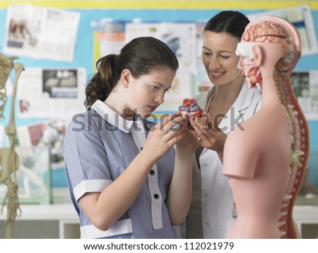 Female student and teacher in the laboratory room with anatomical body
