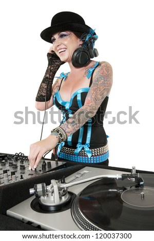 Happy tattooed DJ over white background