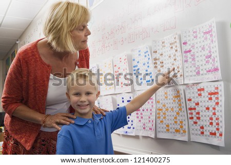 Mature female teacher looking at the calendar while student pointing on it in the classroom