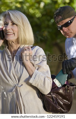 Thief pickpocketing wallet from senior woman\'s handbag