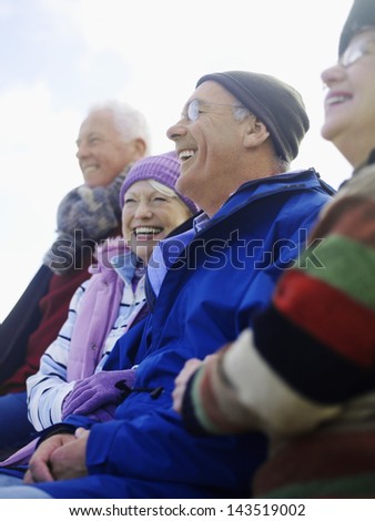 Four cheerful senior friends spending time together outdoors