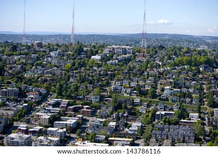 View of Seattle and radio towers from Space Needle