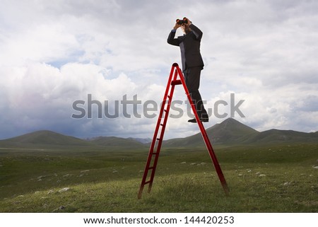 Full length of businessman on ladder looking through binoculars in mountain field
