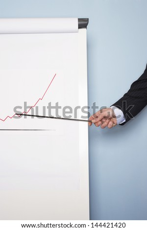 Businessman pointing at graph on flip chart against blue wall