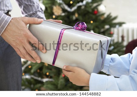 Closeup of father giving Christmas present to son
