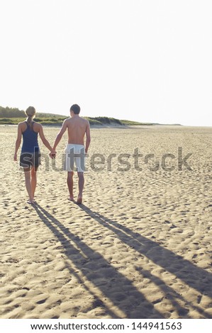 Full length rear view of a couple walking hand in hand at beach