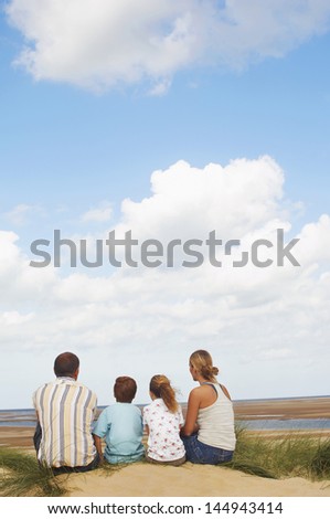 Rear view of a family sitting on sand and looking at view on beach
