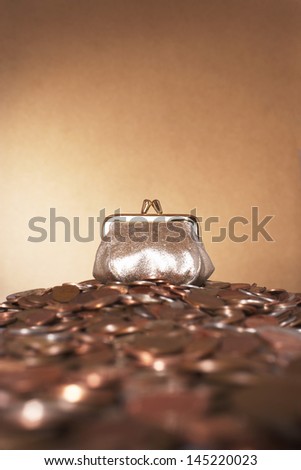 Bronze purse on heap of copper coins