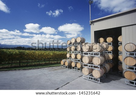 Wine stored in barrels at wineyard Yarra Valley Victoria Australia.