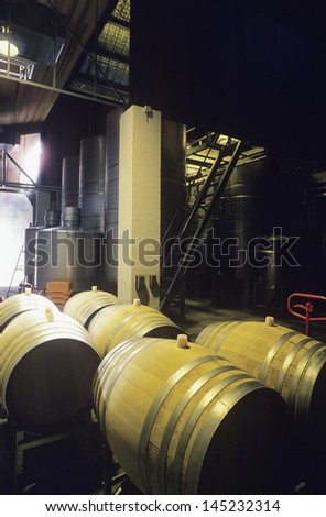 Wine barrels in winery Yarra Valley Victoria Australia