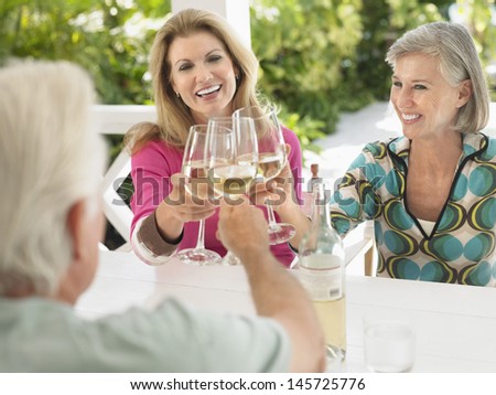 Three happy middle aged people toasting wine glasses at verandah table