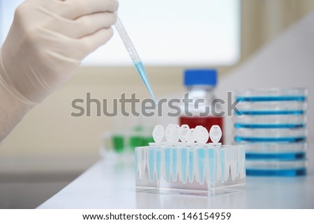 Closeup of a scientist\'s gloved hand filling test tubes with pipette in laboratory