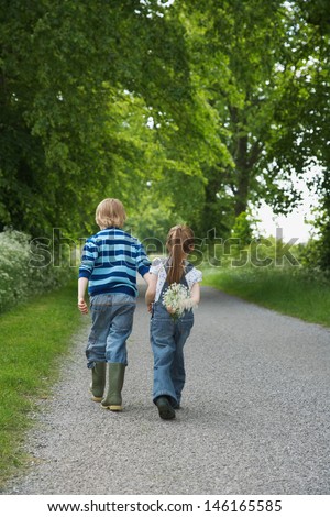 Full length rear view of a little boy and girl walking on country lane