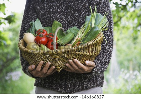 Closeup midsection of a man holding vegetable basket outdoors