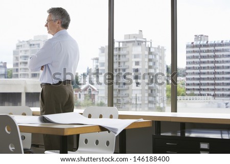 Rear view of a businessman looking out of office window
