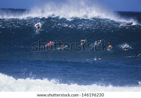Group of surfers paddling out to catch an ocean wave