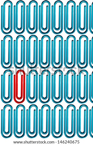 Red paper clip standing out from the crowd of blue paper clips over white background