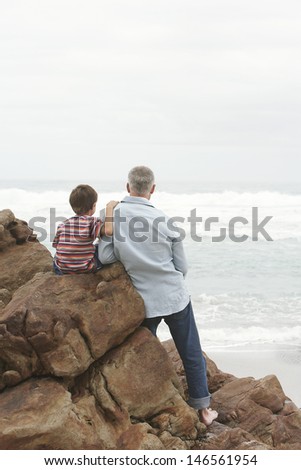 Rear view of father and son on rocks looking at sea view at beach against clear sky
