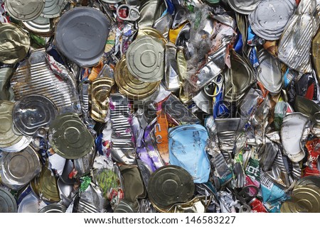 Full frame image of crushed tin cans for recycling