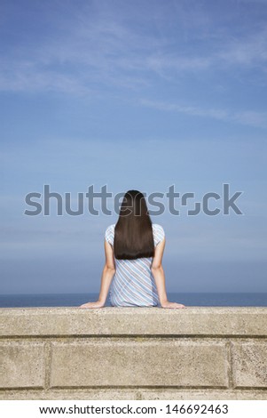 Rear view of young woman sitting on stone ledge at beach against blue sky