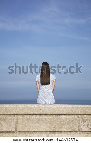 Rear view of young woman sitting on stone ledge at beach