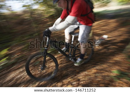 Blurred motion of dog chasing man on mountain bike through forest