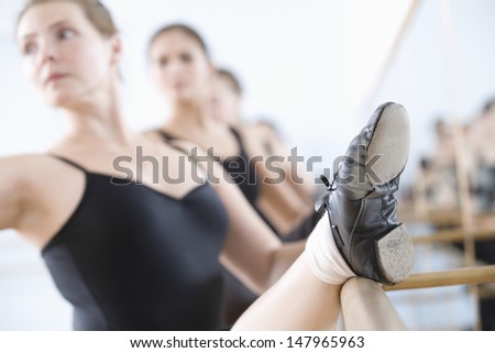 Row of ballerinas practicing at the barre in rehearsal room
