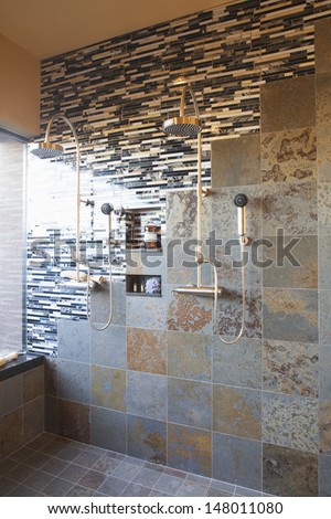 Contrasting Tiles In Wet Room With Double Shower Head