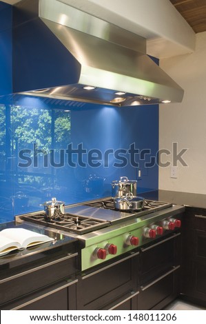 Blue backsplash and stainless steel vent hood in modern kitchen