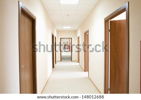 Perspective of the long corridor in hotel